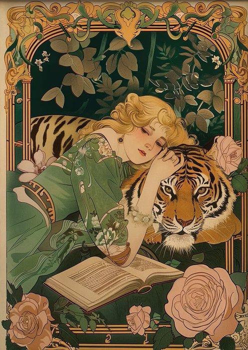 I_KONIQ (1969) - Woman and tiger regency style, Antiek en Kunst, Curiosa en Brocante