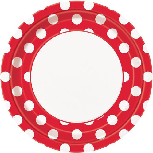 Rode Borden Witte Stippen 22,2cm 8st, Hobby en Vrije tijd, Feestartikelen, Nieuw, Verzenden
