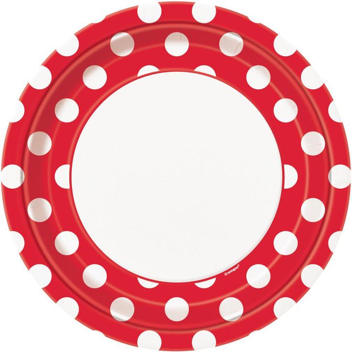 Rode Borden Witte Stippen 22,2cm 8st, Hobby en Vrije tijd, Feestartikelen, Nieuw, Verzenden