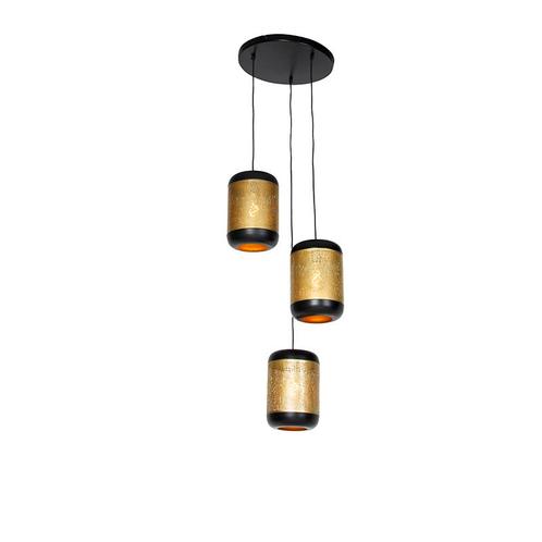 Vintage hanglamp zwart met messing rond 3-lichts - Kayleigh, Huis en Inrichting, Lampen | Hanglampen, Nieuw, Overige materialen