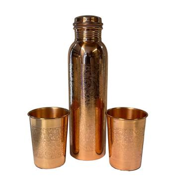 Puur Koperen Set: Fles (1 l) + 2 Bekers Bloempatroon beschikbaar voor biedingen