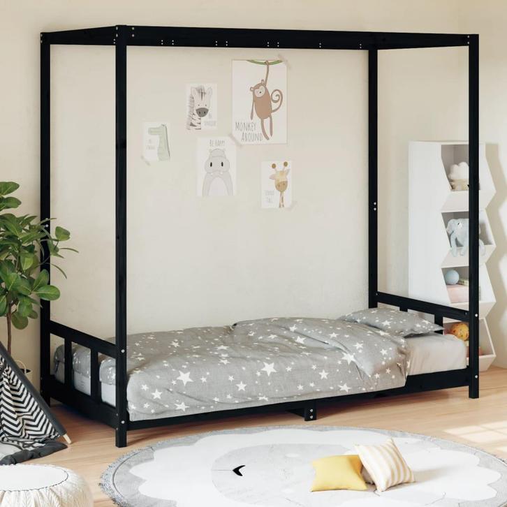 vidaXL Kinderbedframe 90x200 cm massief grenenhout zwart, Kinderen en Baby's, Kinderkamer | Bedden, Nieuw, Verzenden