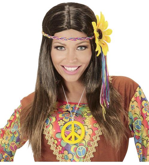 Hippie 60S Pruik Bruin Met Zonnebloem Haarband, Hobby en Vrije tijd, Feestartikelen, Nieuw, Verzenden