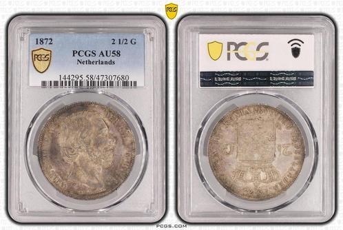 Koning Willem III 2 1/2 Gulden 1872 AU58 PCGS gecertificeerd, Postzegels en Munten, Munten | Nederland, Losse munt, Zilver, Verzenden