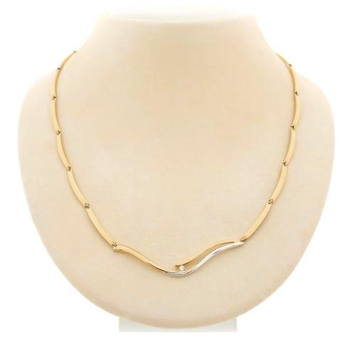 Bicolor gouden staafjes collier met vaste hanger en diama..., Sieraden, Tassen en Uiterlijk, Kettingen, Overige kleuren, Gebruikt