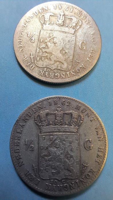 Nederland. Willem III. 1/2 Gulden 1861 en 1862 (Zonder, Postzegels en Munten, Munten | Nederland