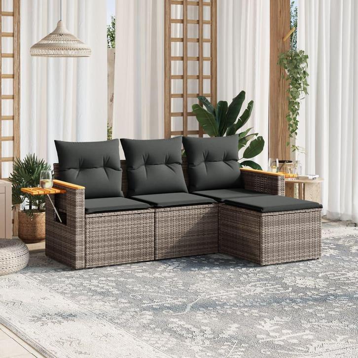 vidaXL 4-delige Loungeset met kussens poly rattan grijs, Tuin en Terras, Tuinsets en Loungesets, Loungeset, Nieuw, Rotan, Verzenden