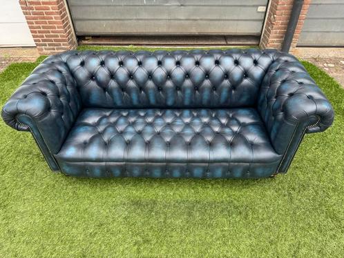 Bankstel gecapitonneerd CHESTERFIELD 3 zit bank blauw leer, Huis en Inrichting, Banken | Bankstellen, Rechte bank, Zo goed als nieuw