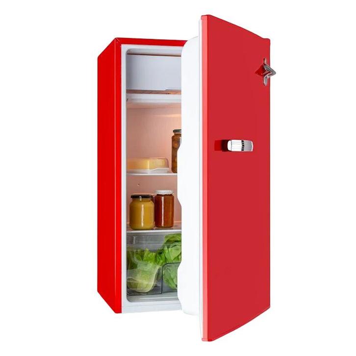 Retro Koelkast Mini Koelkast Koeler Glazen Deur Rood 91L, Witgoed en Apparatuur, Koelkasten en IJskasten, 75 tot 100 liter, Refurbished