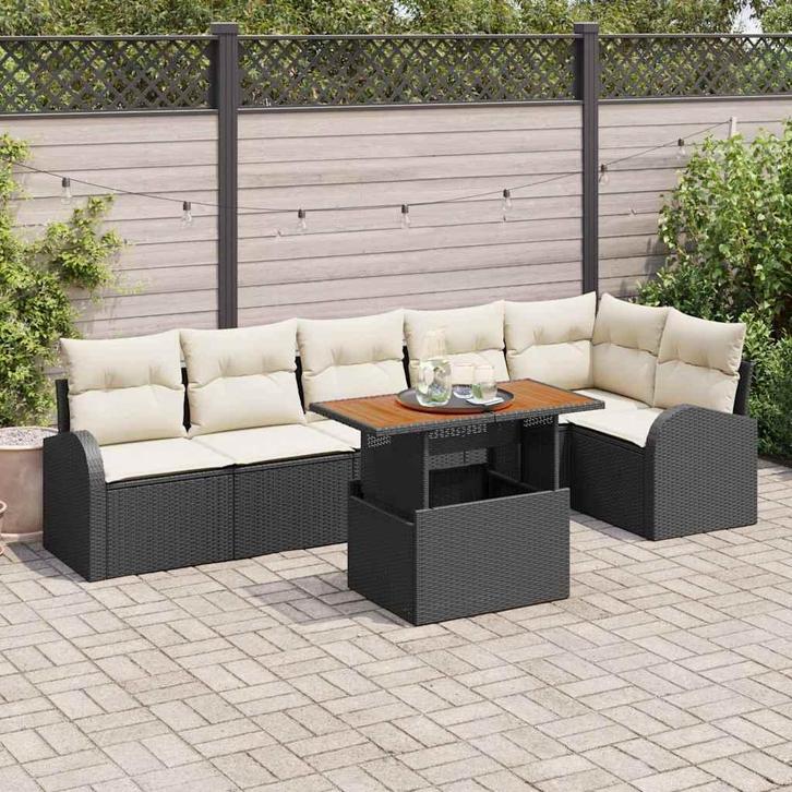 vidaXL Tuin Sofa Set met kussen 7 pcs Zwart en Crème, Tuin en Terras, Tuinsets en Loungesets, Nieuw, Rotan, Verzenden