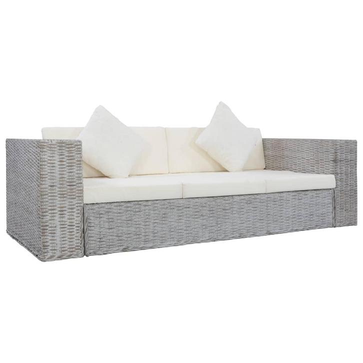 vidaXL Driezitsbank met kussens natuurlijk rattan grijs, Huis en Inrichting, Banken | Bankstellen, Nieuw, 200 tot 250 cm, Riet of Rotan