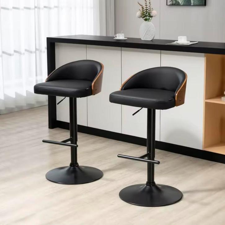 Set van 2 Barkrukken Zwart draaibaar verstelbaar voetsteun, Huis en Inrichting, Barkrukken, Nieuw, 2 krukken, In hoogte verstelbaar