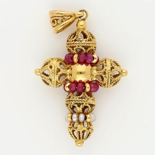 Hanger - 18 karaat Geel goud - Robijn / Parel, Sieraden, Tassen en Uiterlijk, Antieke sieraden