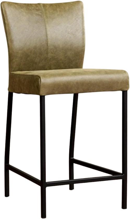 Olijfgroene leren moderne barkruk - poot vierkant zwart - Vi, Huis en Inrichting, Barkrukken, 90 cm of meer, Met voetsteun, 1 kruk