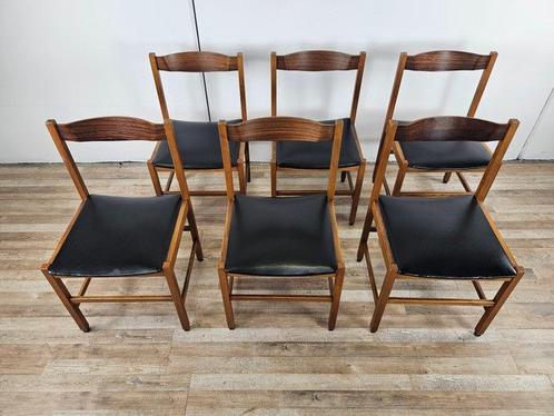 Stoel (6) - Eetkamerstoelen in teak en skai. - Leder, Teak, Antiek en Kunst, Kunst | Designobjecten