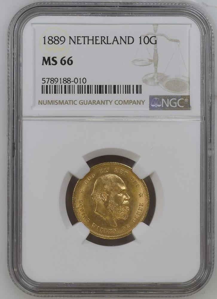 Gouden Willem III 10 gulden 1889 MS66 NGC gecertificeerd, Postzegels en Munten, Munten | Nederland, Losse munt, 10 gulden, Koning Willem III