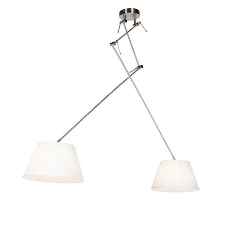 Hanglamp staal met plisse kappen crème 35 cm 2-lichts -, Huis en Inrichting, Lampen | Hanglampen