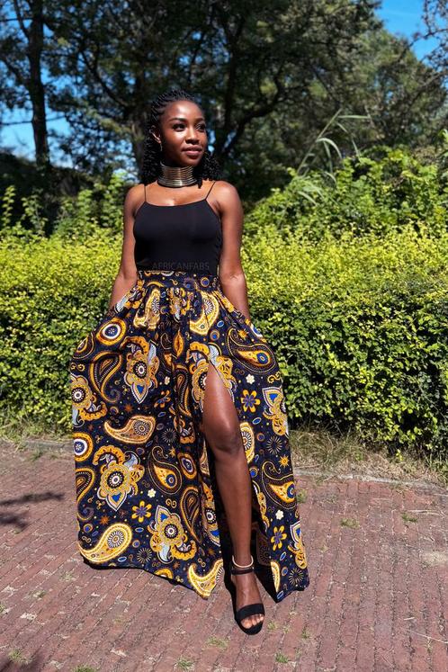 Afrikaanse print maxi rok - Marineblauw Geel Paisley - S, Kleding | Dames, Rokken, Nieuw, Ophalen of Verzenden