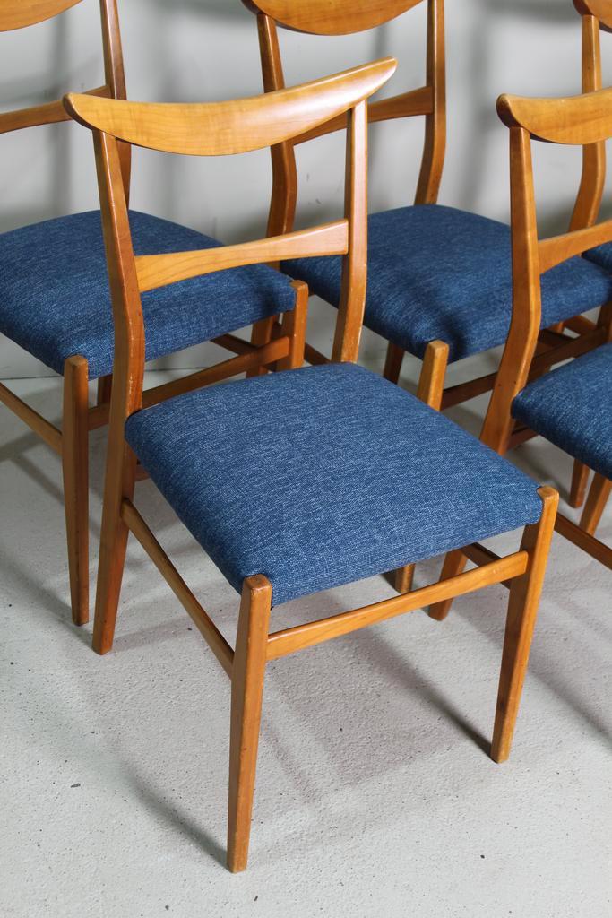 6x Vintage design eetkamerstoelen Lübke, Huis en Inrichting, Stoelen, Vijf, Zes of meer stoelen, Blauw, Gebruikt, Hout, Stof