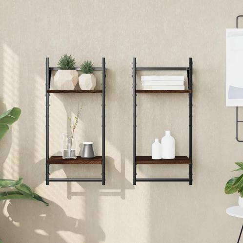 vidaXL Wandschappen 2-laags met stangen 2 st 30x25x65 cm, Huis en Inrichting, Woonaccessoires | Wandplanken en Boekenplanken, Nieuw