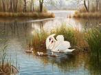 Ron Meilof (1953-2016) - A pair of swans with their cygnets, Antiek en Kunst, Kunst | Schilderijen | Klassiek