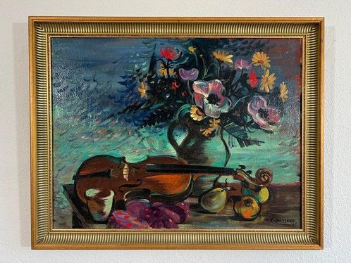 Marcel Chassard XXe - Stilleven met viool en bloemen, Antiek en Kunst, Kunst | Schilderijen | Klassiek