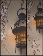 Lenteavond - wazige maan - kersenbloesems en straatlantaarn