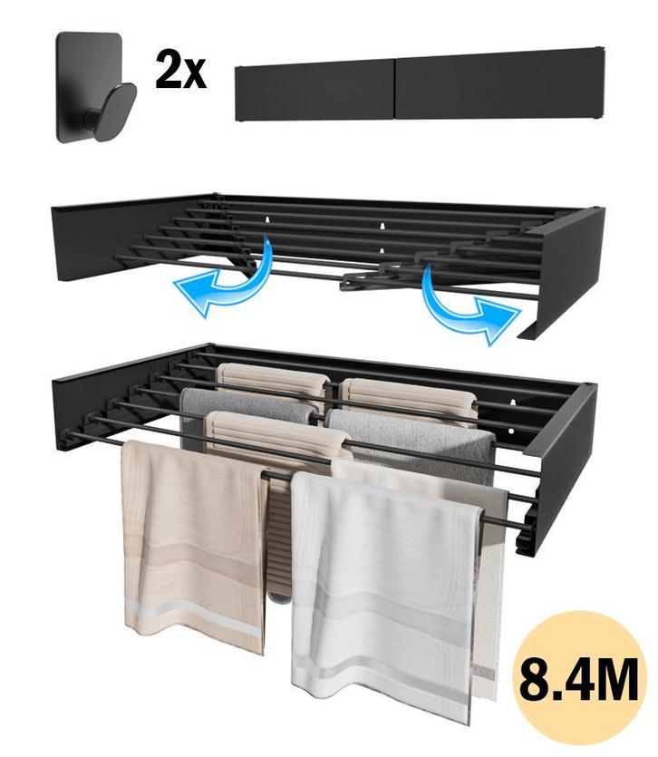 PLAY IT Wanddroogrek Inklapbaar 120cm Zwart 8.4M Drooglengte, Tuin en Terras, Droogmolens en Wasrekken, Wasrek, Nieuw, Verzenden