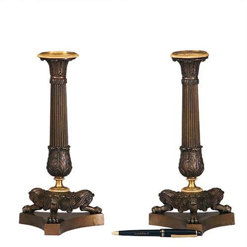 Stel van 2 bronzen deels vergulde kandelaren empire ca 1810, Antiek en Kunst, Antiek | Kandelaars, Ophalen of Verzenden