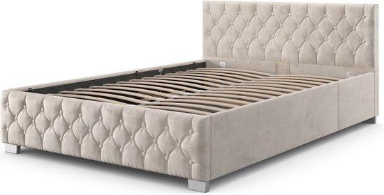 2dekans | Gestoffeerd Bed Nizza - 120 x 200 cm - Beige - LED, Huis en Inrichting, Slaapkamer | Beddengoed, Beige, Zo goed als nieuw