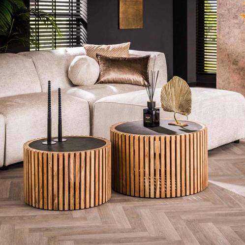 *WOONWINKEL* Ronde Salontafel Set Leisteen En Hout, Huis en Inrichting, Tafels | Salontafels, Nieuw, Verzenden