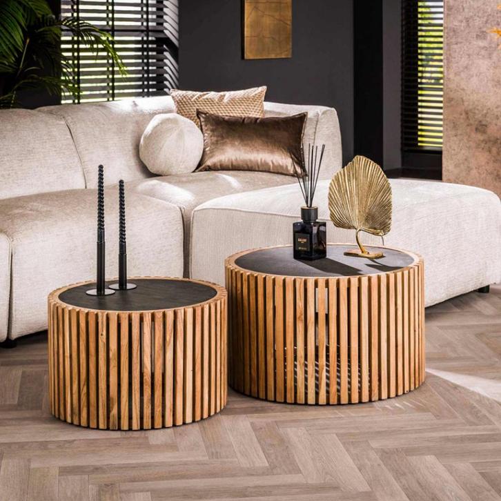 *WOONWINKEL* Ronde Salontafel Set Leisteen En Hout, Huis en Inrichting, Tafels | Salontafels, Nieuw, Verzenden