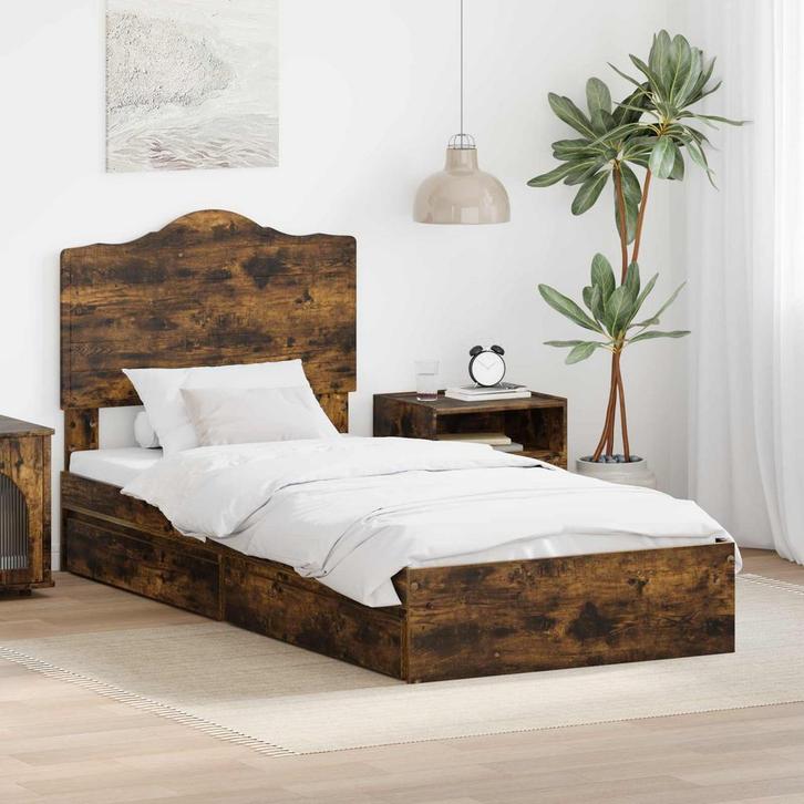 vidaXL Opslag bed met lade Gerookt eiken 90 x 200 cm Bewerkt, Huis en Inrichting, Slaapkamer | Bedden, Bruin, Nieuw, Hout, Verzenden