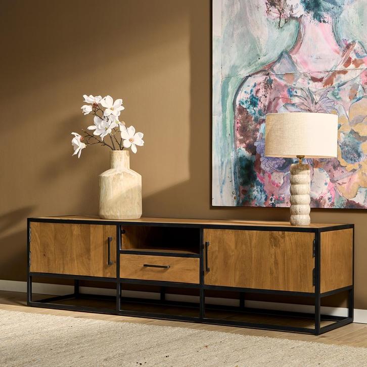 Tv meubel Denver | Mangohout en staal | 180 cm - Meerdere, Huis en Inrichting, Kasten | Televisiemeubels, Nieuw, Ophalen of Verzenden