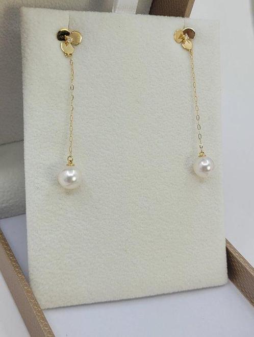 Oorbellen - 18 karaat Geel goud - 0.02ct. tw. - 6.8mm Akoya, Sieraden, Tassen en Uiterlijk, Oorbellen