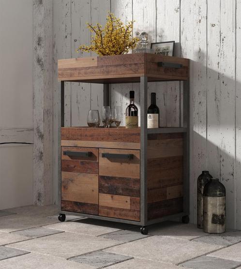 Barkast Cade - Eiken - Grijs op wieltjes, Huis en Inrichting, Kasten | Vitrinekasten, 25 tot 50 cm, Nieuw, Minder dan 100 cm, 50 tot 100 cm