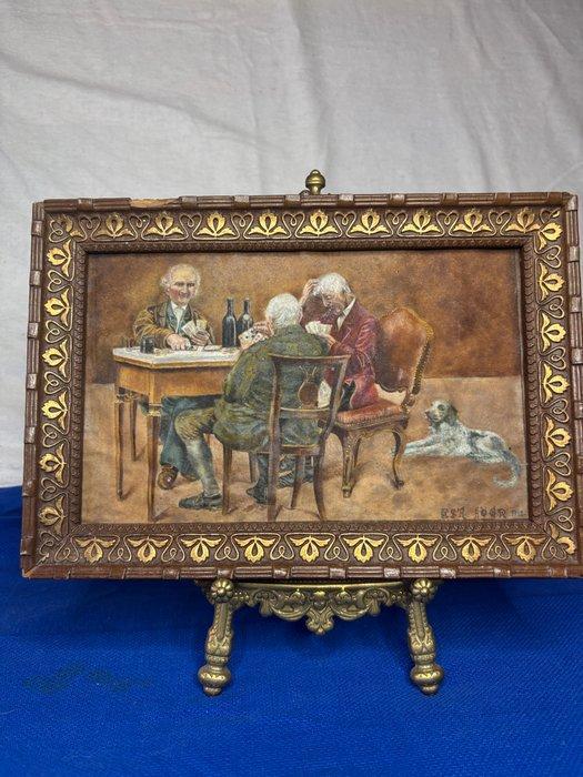 Europese school (XX) - Giocatori di carte - Scena di interno, Antiek en Kunst, Kunst | Schilderijen | Klassiek