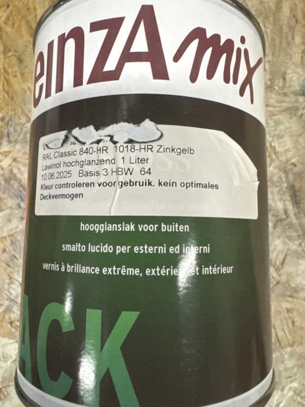 Einza Gloss - ral 1018 - 1 liter KNAL GEEL, Doe-het-zelf en Verbouw, Verf, Beits en Lak, Verf, Geel, Nieuw, Ophalen of Verzenden