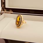 18 Krt. Gouden ring met gele saffier (geelgoud, diamant), Gebruikt, Overige kleuren, Ophalen of Verzenden, Kleiner dan 17