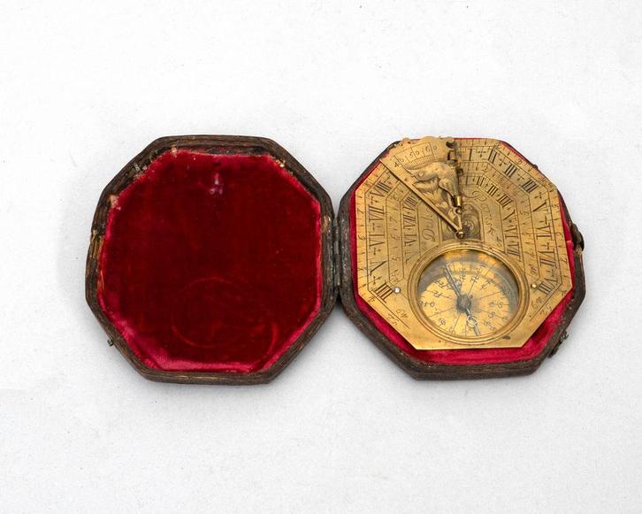 Messing zonnewijzer, gesigneerd Duhamel à Paris ca. 1740, Antiek en Kunst, Antiek | Klokken