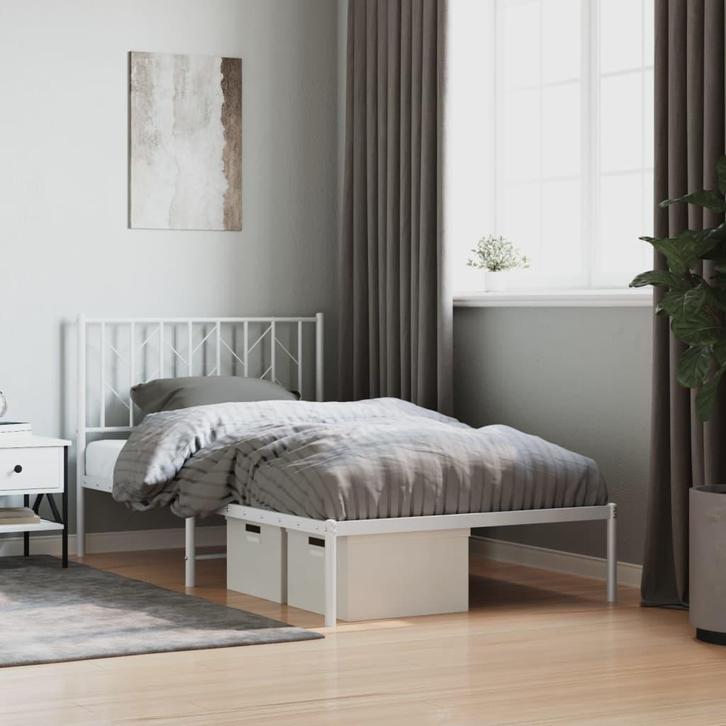 vidaXL Bedframe met hoofdbord metaal wit 100x190 cm, Huis en Inrichting, Slaapkamer | Bedden, 100 cm, 190 cm of minder, Wit, Eenpersoons