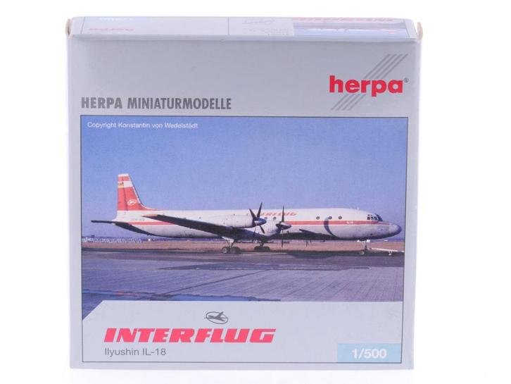 Schaal 1:500 Herpa 510691 Interflug Ilyushin IL-18 Reg. D..., Hobby en Vrije tijd, Modelbouw | Vliegtuigen en Helikopters, Zo goed als nieuw