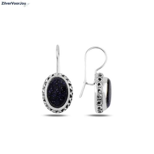 Zilveren blauwe zandsteen ovale oorhangers handgemaakt, Sieraden, Tassen en Uiterlijk, Oorbellen, Nieuw, Verzenden
