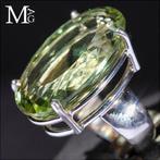 Grote Groene Kwarts - Prasioliet-instelling in zilveren ring, Verzamelen, Mineralen en Fossielen