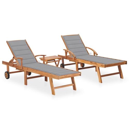 vidaXL Ligbedden 2 st met tafel en kussens massief teakhout, Tuin en Terras, Ligbedden, Nieuw, Verzenden