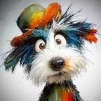 1126 -John Joseb Art Schilderij gekke grappige hond met hoed, Verzenden, Nieuw, Schilderij, 50 tot 75 cm