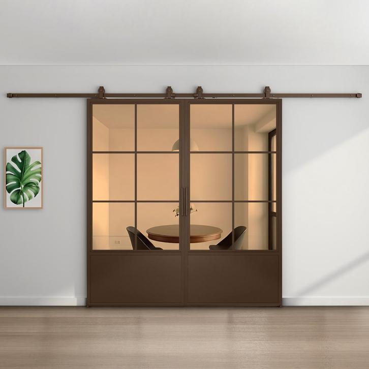 Dubbele stalen schuifdeur 6 Vlaks met kickplate Brons Brons, Doe-het-zelf en Verbouw, Kozijnen en Schuifpuien, Nieuw, 75 tot 150 cm