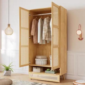 Rattan Garderobekast – 2-Deurs Kast met Kledingroede