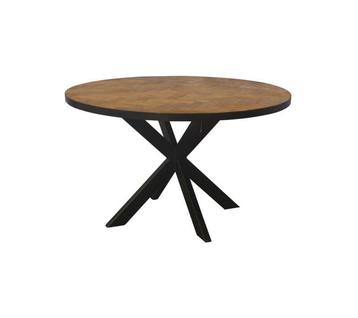 Ronde Eettafel Accent – Visgraat Teakhout &amp; Zwart Staal | beschikbaar voor biedingen
