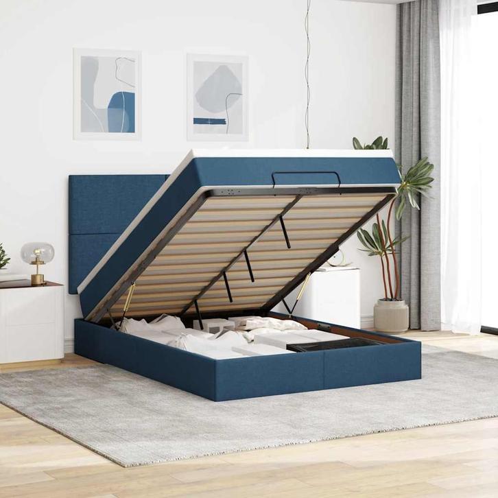 vidaXL Ottoman bed met matras en LEDs 140x190cm stof blauw, Huis en Inrichting, Slaapkamer | Bedden, 140 cm, 190 cm of minder